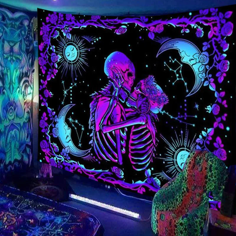 Fluorescent Tapestry UV  Skull Lover Home Decor Psychedelic  Indoor Aesthetics Luminous  Decoration image 2