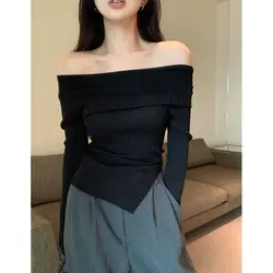 Retro Design Sense Irregular Slit Thin Knit Sweater for Women Slimming Off One Shoulder Top Trendy