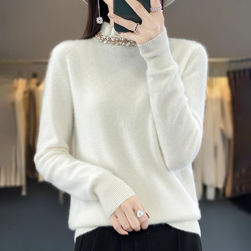 23Fall Winter New Woolen Sweater Women\'s Fungus Collar Long Sleeve Pullover 100% Pure Wool Loose-Fitting Diamond Bottoming Shirt