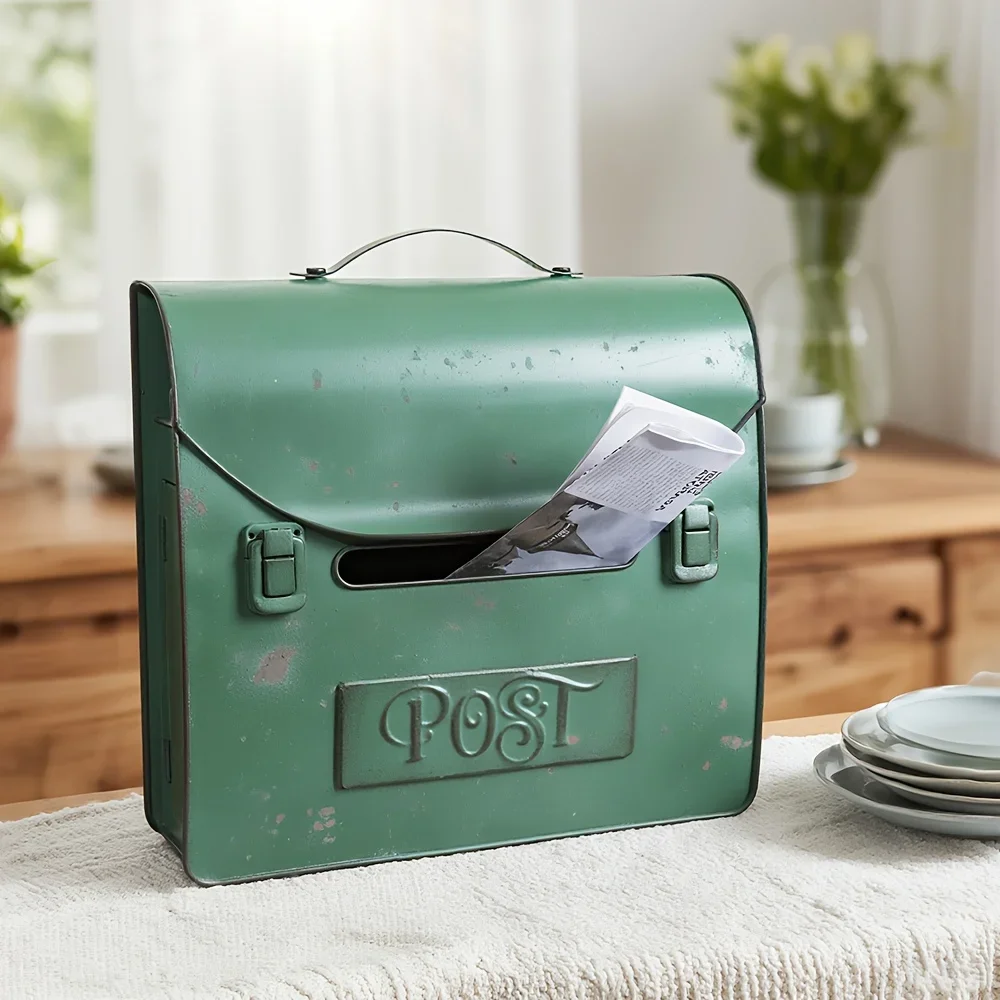 Retro Briefcase Metal Vintage Mailbox Wall Mount for Front Porch Decorative Mailboxes for Outside Post Embossed Rusted Green