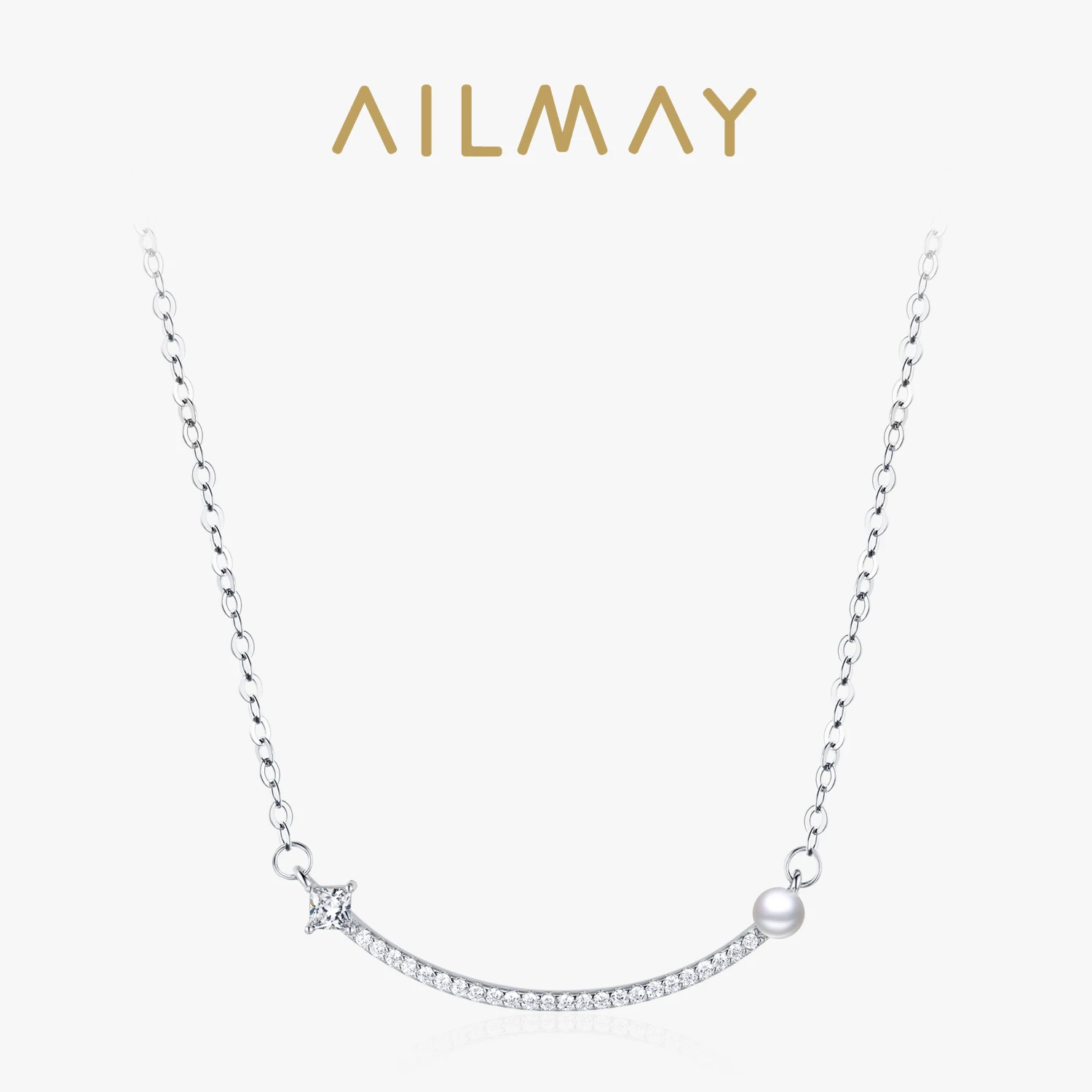 Ailmay New Sale 925 Sterling Silver Smile Lucky Pearl Pendant Necklace Simple Elegant For Women Girls Party Accessories Jewelry