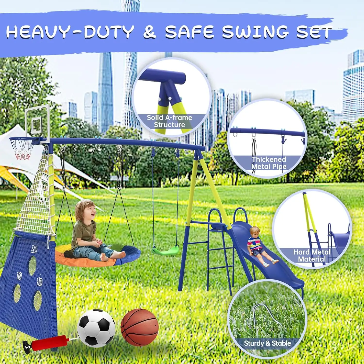 ชุดแกว่งสําหรับเด็กชุดแกว่งกลางแจ้ง Heavy-Duty Metal Swing ชุดสไลด์ Backyard Swing ชุดถือได้ถึง 440lbs สําหรับอายุ 3-8