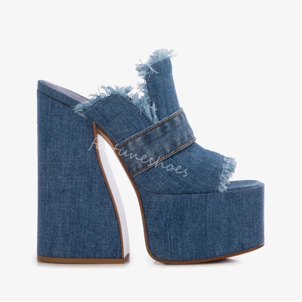 

Super High Thick Heel Peep Toe Denim Slippers Women Summer Catwalk Platform Comfortable High Heels New Fashion Travel Slippers