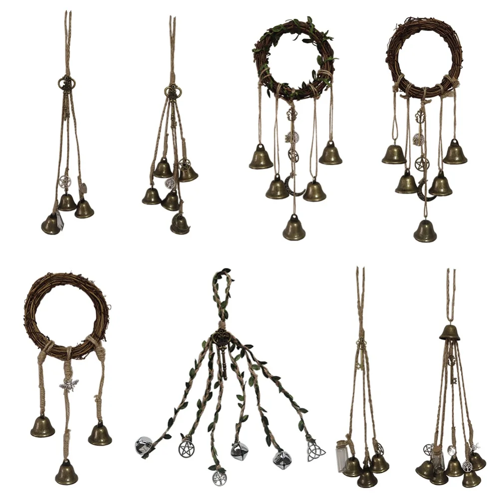 

Handmade Witch Bell Weaving Wind Chime Door Hanging Witch Rattan Wreath Hemp Rope Vintage Porch Door Bells for Porch, Garden