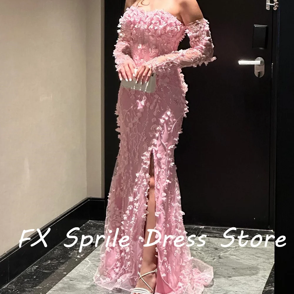 Pink Strapless Off the Shoulder Mermaid Long Sleeves Backless Satin Appliques Lace Beading Elegant Luxury Evening Dress 2024