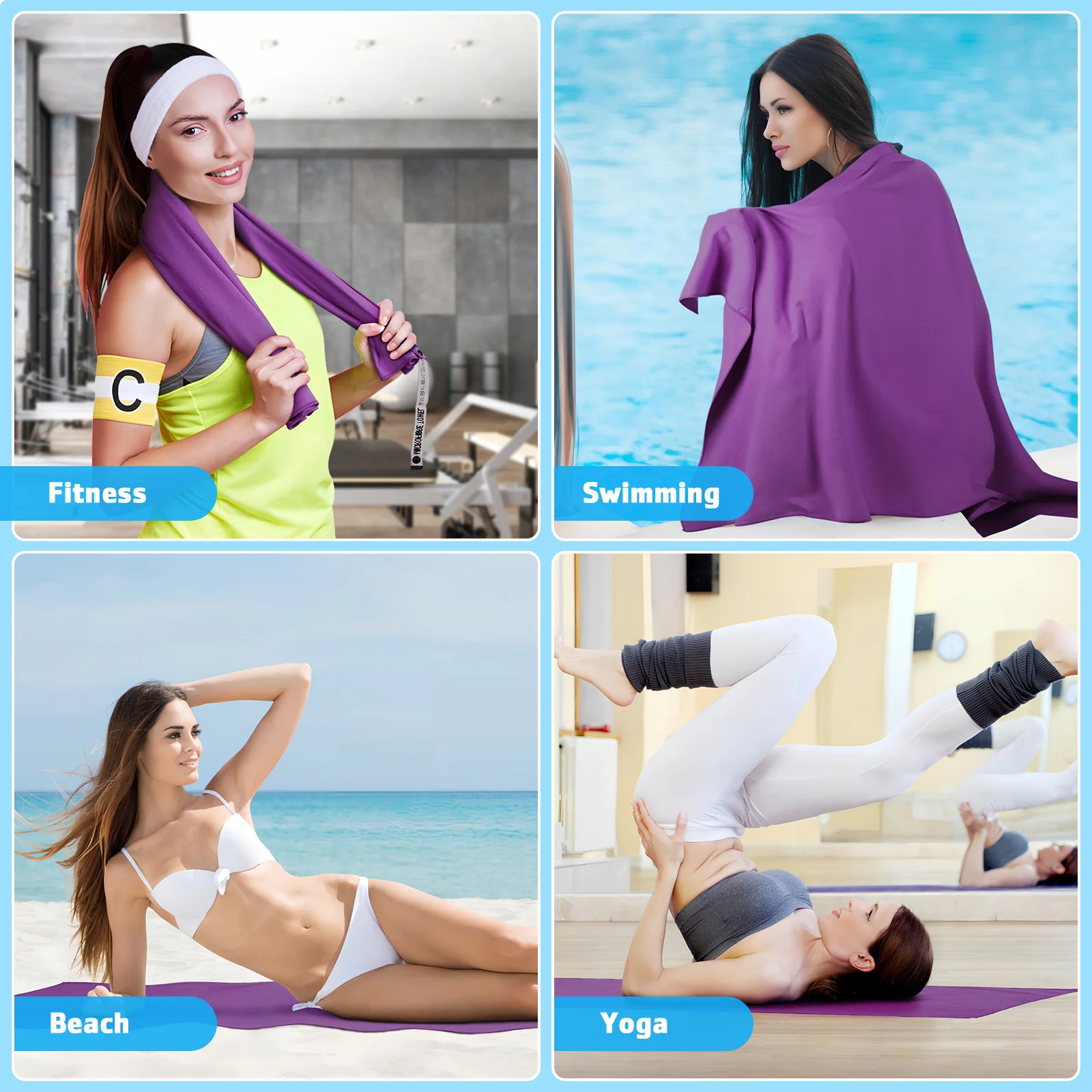 

2 Pieces Sports Towel Quick-Drying Microfiber 40x80 76x152 Gym Fitness Beach Bath Travel Portable Blue Round Net Bag