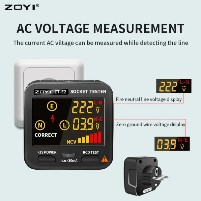 ZOYI ZT-E2/ZT-E4/ZT-E10 Socket Tester RCD GFCI Leakage Switch Detector, NCV Test, Large Display, Power Fault Detection, EU Plug