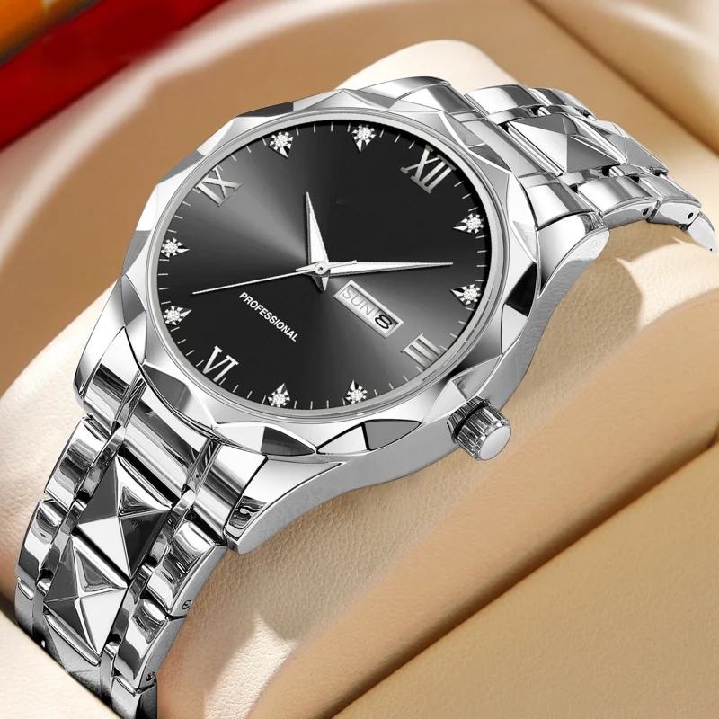 

Double Calendar Week Movement Rivet Stainless Steel Bracelet Diamond Men's Quartz Waterproof Watch