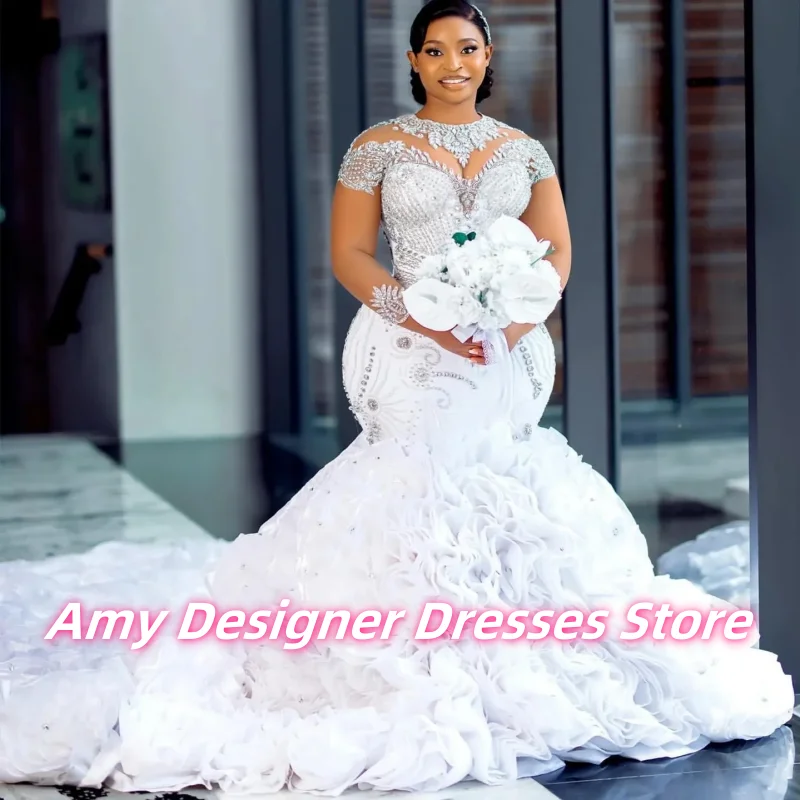 

Customized Long Sleeves Crystals Bead Mermaid Wedding Dress For Bride Marriage Organza Tiered African Aso Ebi Bridal Gowns
