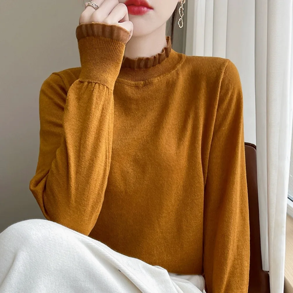 Outlet Lace Collar d Knitted Sweater Women's Semi High Collar Knitwear Bright Tead Spangled Polyester Rabbit Fur Blend
