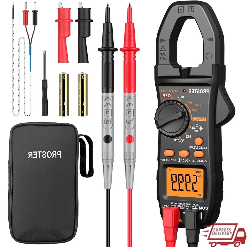 

Digital Clamp Meter 6000 Count AC DC Voltage Current Resistance Capacitance Multi Tester NCV Auto-Ranging Low Impedance LCD