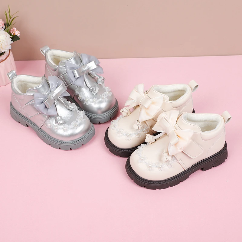 

Kids Princess Flat Shoes with Big Bowknots Girls Leather Shoes Korean Style 2025 Winter New Children Casual Fashion Shoes Soft