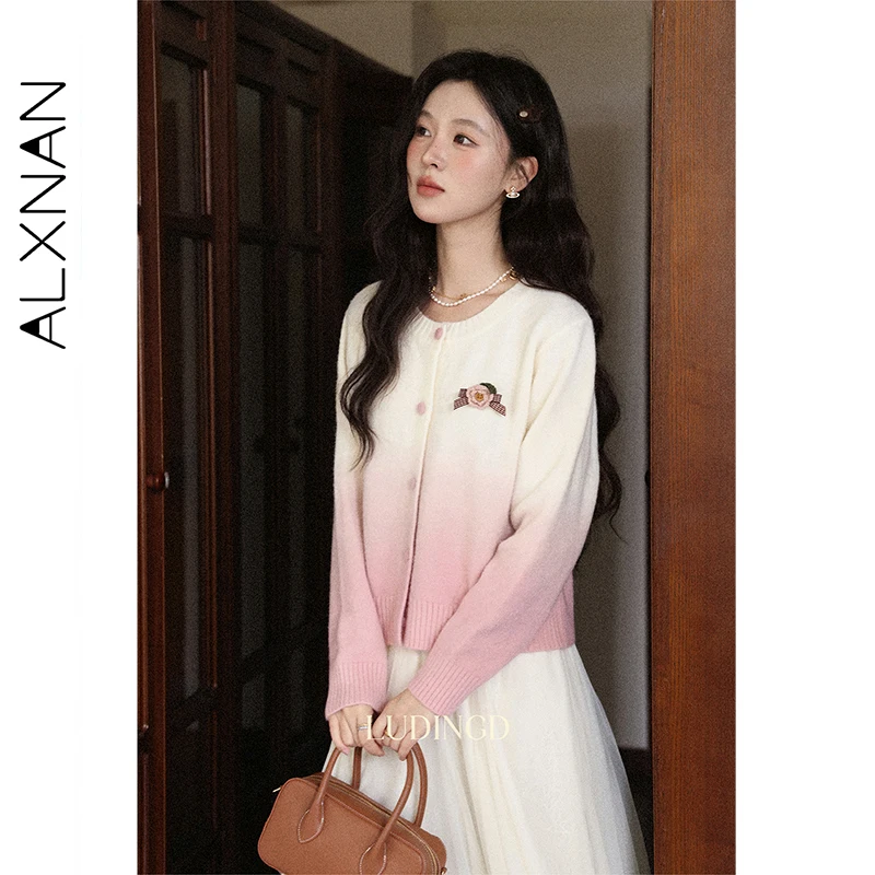ALXNAN bleu Cardigan femmes col rond 3d fleur dégradé couleur pull 2025 automne doux décontracté à manches longues tricoté hauts L57212-1