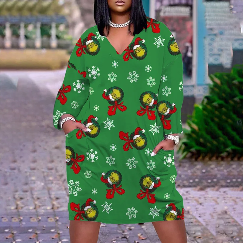 2022 nova impressão digital commuter vestido de natal papai noel saia feminina pulôver de natal com decote em v vestido