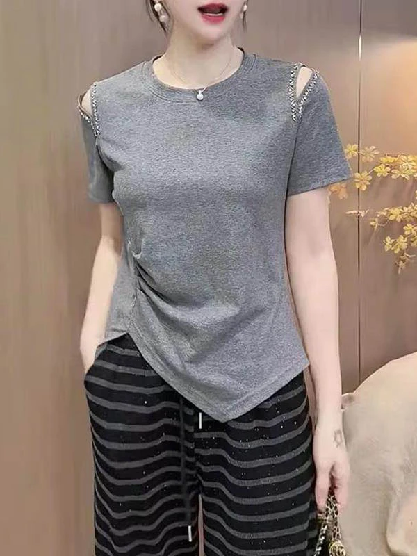 Ladies' Slim Fit Cotton T-Shirt Short Sleeve Pure Cotton Summer New Style Trendy Design Casual Top Korean Style round Neck