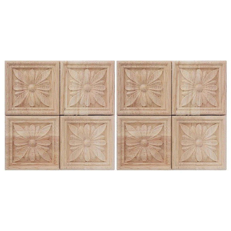 8Pcs Wood Carved Applique Onlay Carving Checkered Unpainted Flower Pattern Decal for Cabinet Door Furniture Decoration-A73M