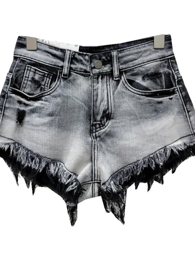 Black Fashion High Waist Tassel Denim Shorts For Women A-line Raw Edge Pants Elastic Short Jeans 2024 Spring Summer X856