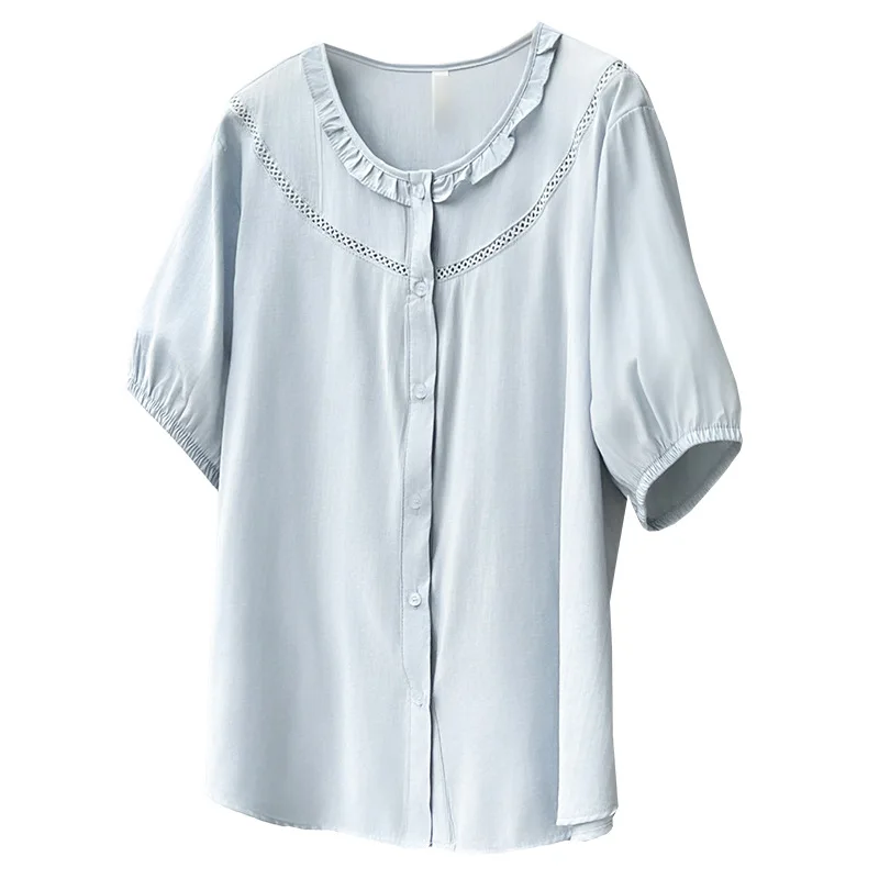 

2026 Summer Plus Size Women Shirt Lace Collar Hollow Out Splicing Short Sleeve Blouse Casual Open Front Tops For Ladies 2602