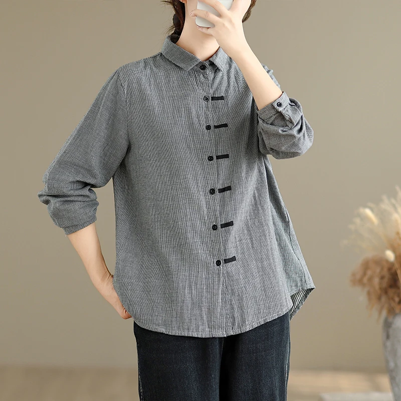 

Premium Quality Women's Plaid Cotton Linen Shirt All Seasons Retro Artistic Style Not Picky about People Big Size Versatile