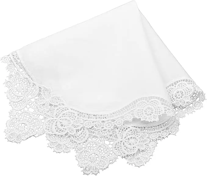 2PCS White Wedding Handkerchief Pure Cotton, Soft Ladies Hanky with Crochet Lace