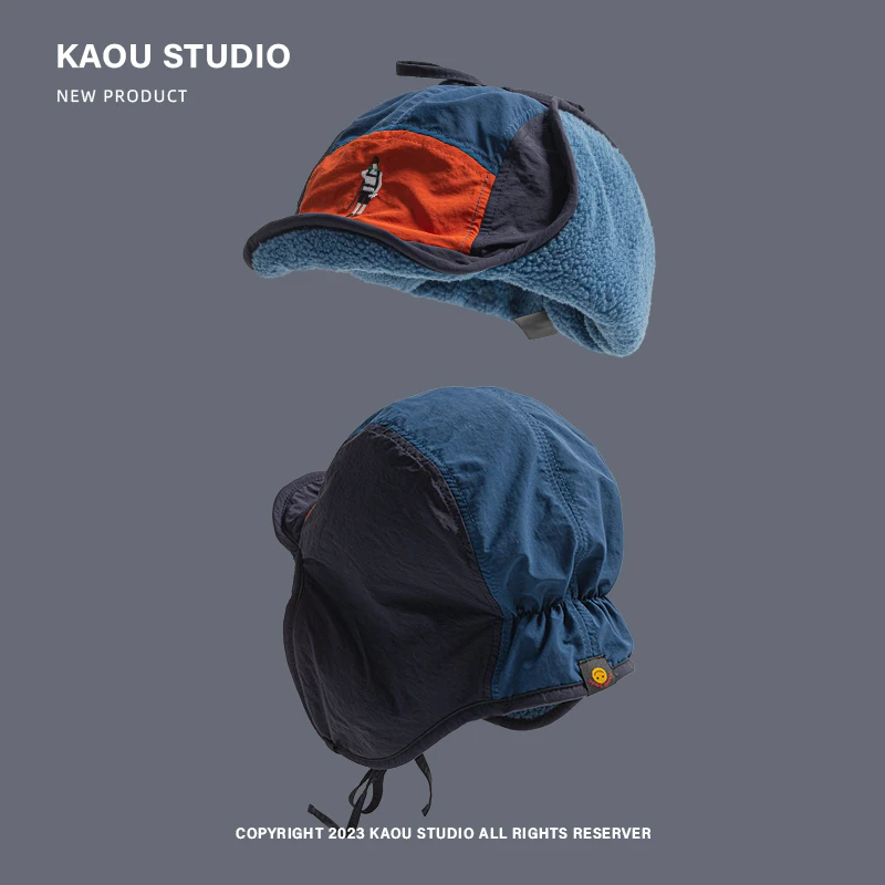 Japanese Five-panel Color Matching Embroidered Baseball Cap for Men and Women Winter Fleece Warm Ear Protection Ski Flight Hat