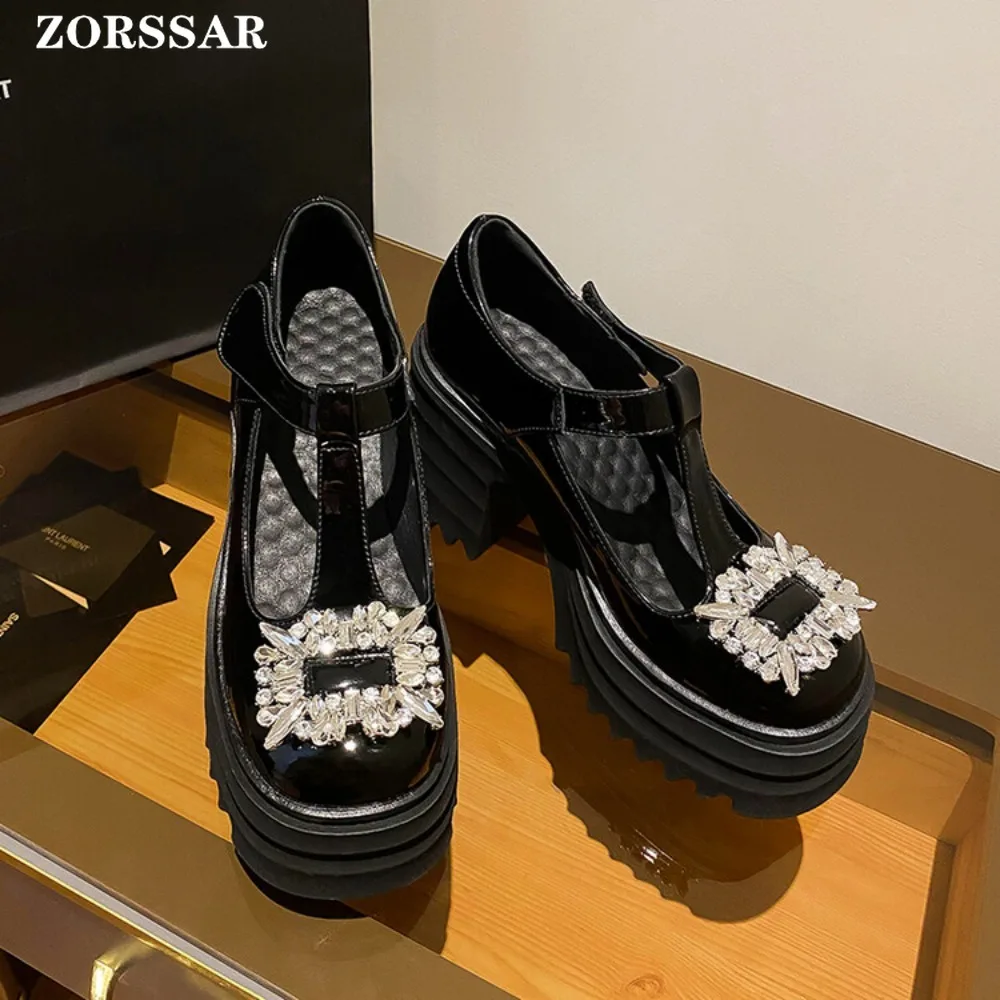 Rhinestone białe buty na wysokim obcasie czółenka na platformie damskie grube obcasy Mary Janes kobieta lakierowane buty na wysokim obcasie buty