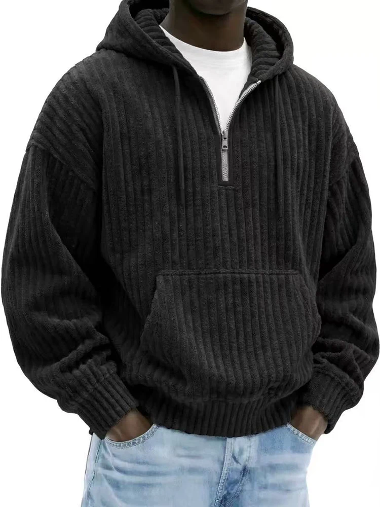 Daily Casual Solid Color Sweatshirts Mens Trendy Corduroy Zip-up Pullover Men Autumn Winter Leisure Long Sleeve Hooded Shirts