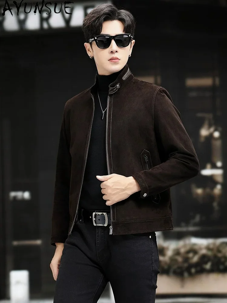 AYUNSUE High-end Real Goatskin Suede Leather Jacket Men High Quality Genuine Leather Coat Short Slim Leather Coats Motorcycle