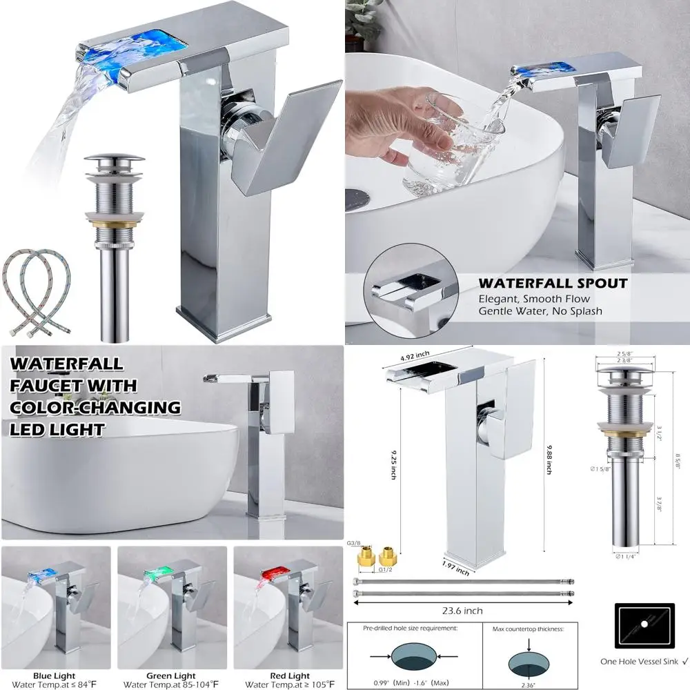 Chrome Waterfall Vessel Sink Faucet with One Hole Handle, Pop-Up Drain, No Overflow, Basin Supply Line Included, Long Tail Keywo