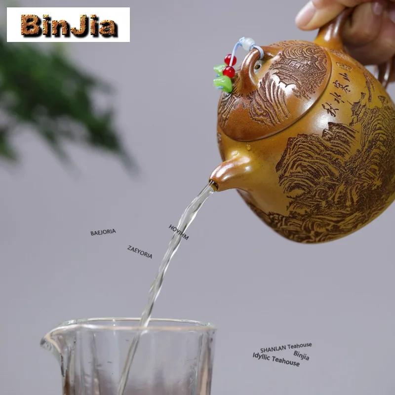 340ml Aesthetic Yixing Purple Clay Teapots Handmade Autumn Water Pot Raw Ore Gold Section Mud Kettle Zisha Tea Set Gift Craft