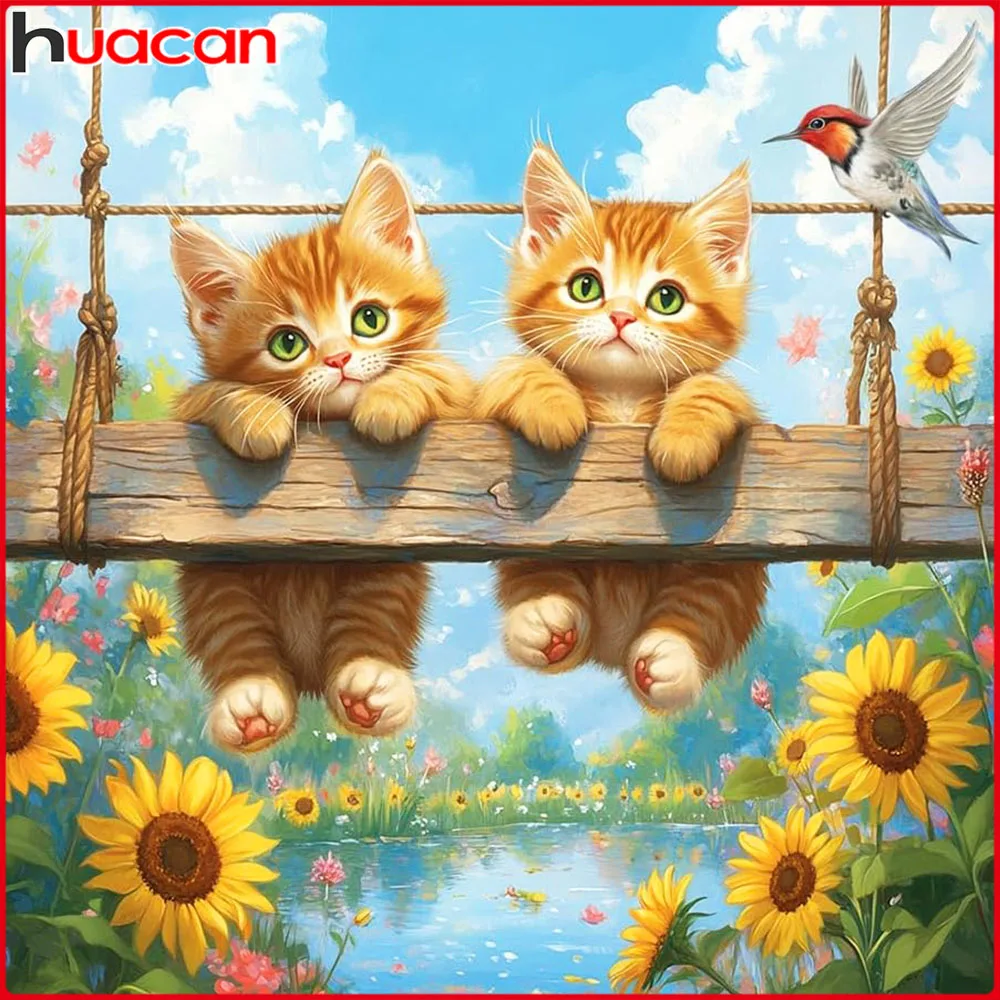 Huacan Vollquadrat Rundbohrer Diamant Katze Sonnenblume Diamant Stickerei Tier Blume Komplettset Handgemachtes Geschenk