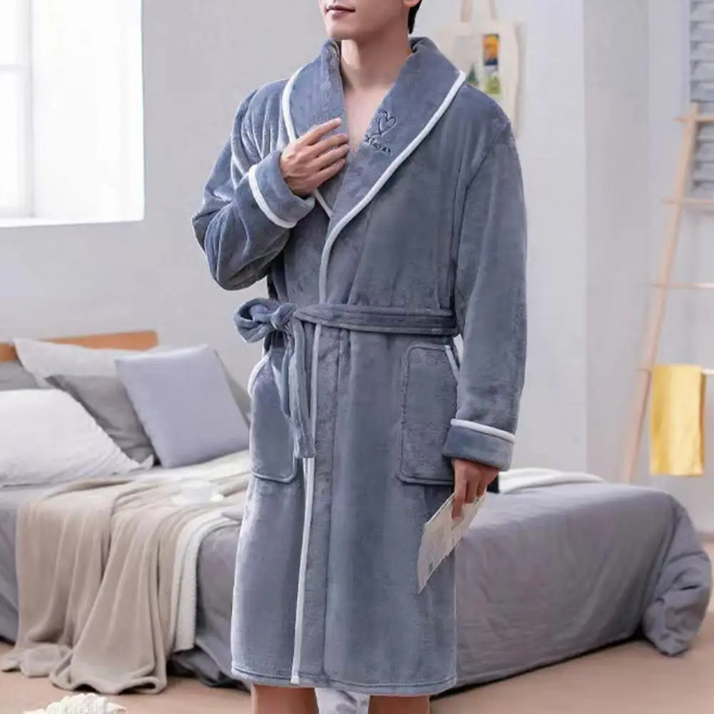 Albornoz alargado con bolsillos de forro polar para hombre, camisón grueso, suave, mantiene el calor, cuello vuelto, bata de baño para dormir, ropa de dormir de invierno