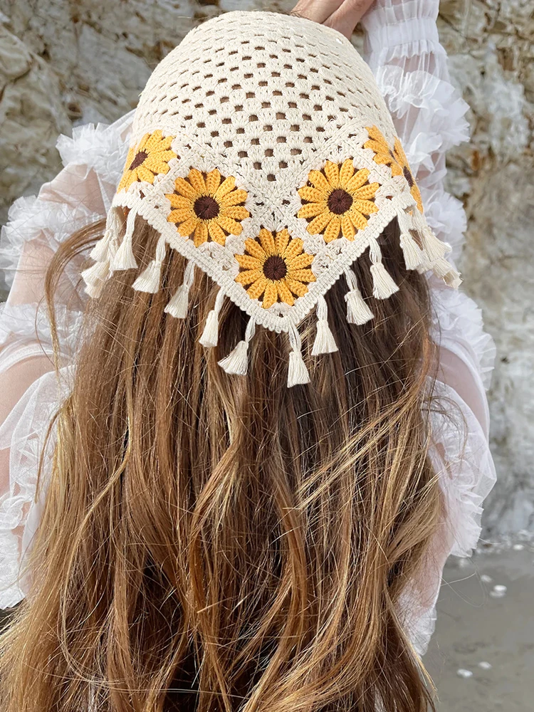 AWAYTR Manual Sunflower Headband Hair Scarf Bands for Women Party Headwear Knitted Bandana Turban Hairband Headpiece