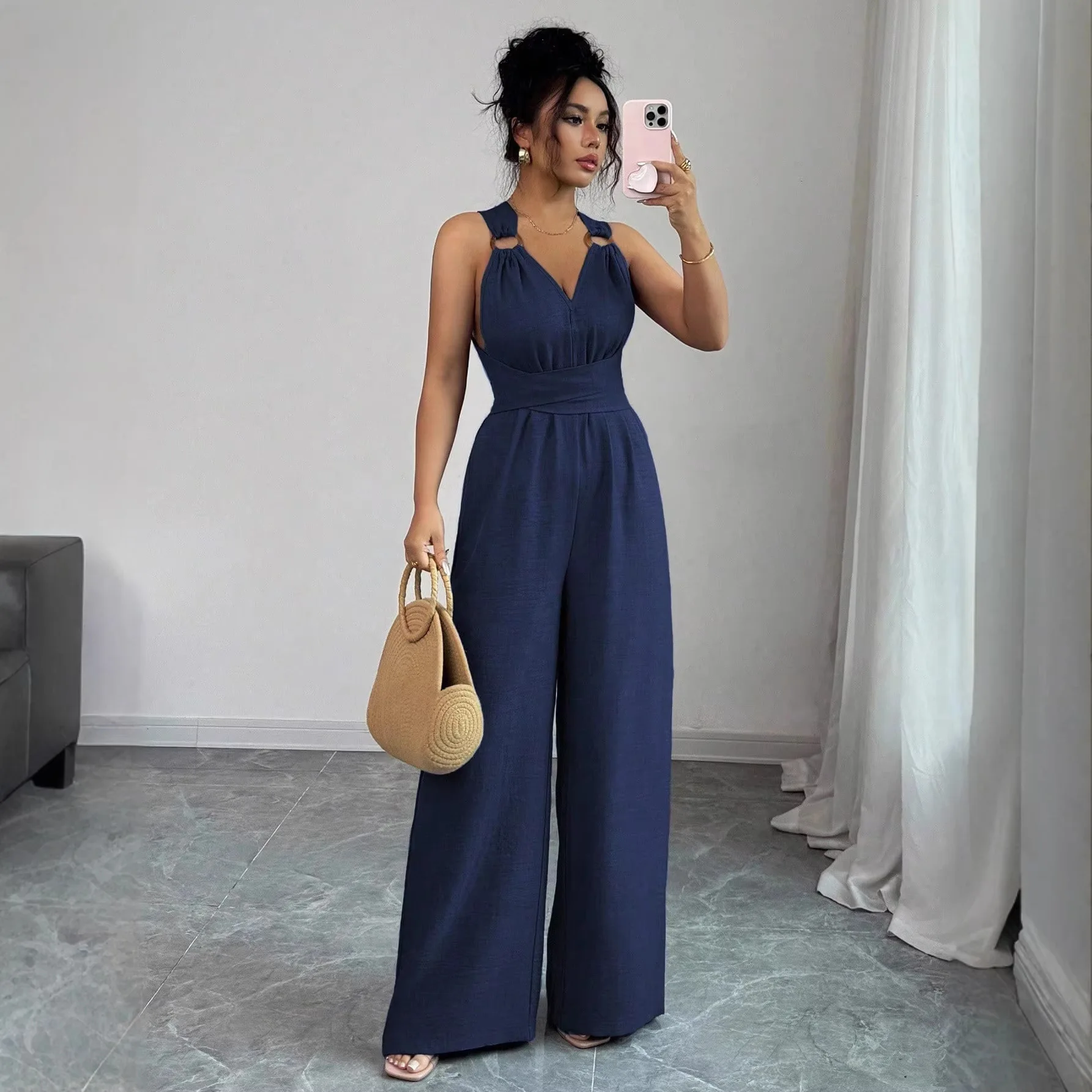 

Jumpsuits women 2026 rompers new features fashion sexy V-neck backless cross-belt, wide-leg jumpsuit jumpsuits women's clothing