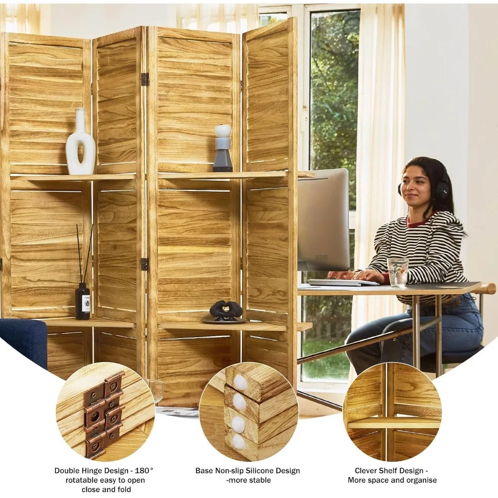 67x51in Folding Wood Room Divider 4 Panel Privacy Screen with 3 Shelves Natural