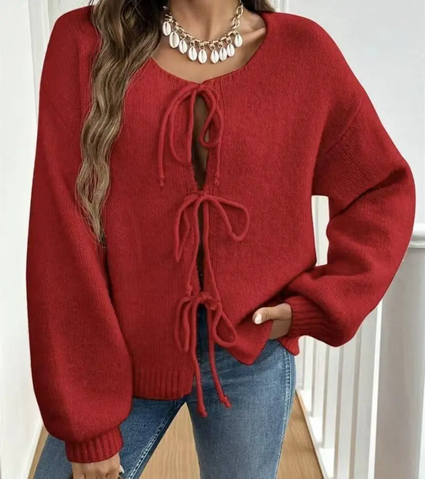 2026 Autumn Women Solid Round Neck Lace Up Sweaters Cardigan Lady Winter Splice Knit Straight Jumpers Casual Long Sleeve Office