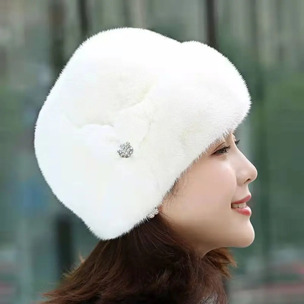 Solid Color Faux Rabbit Fur Winter Hat Flower Decor Keep Warm Middle-aged Cap Thickened Bucket Hats Women