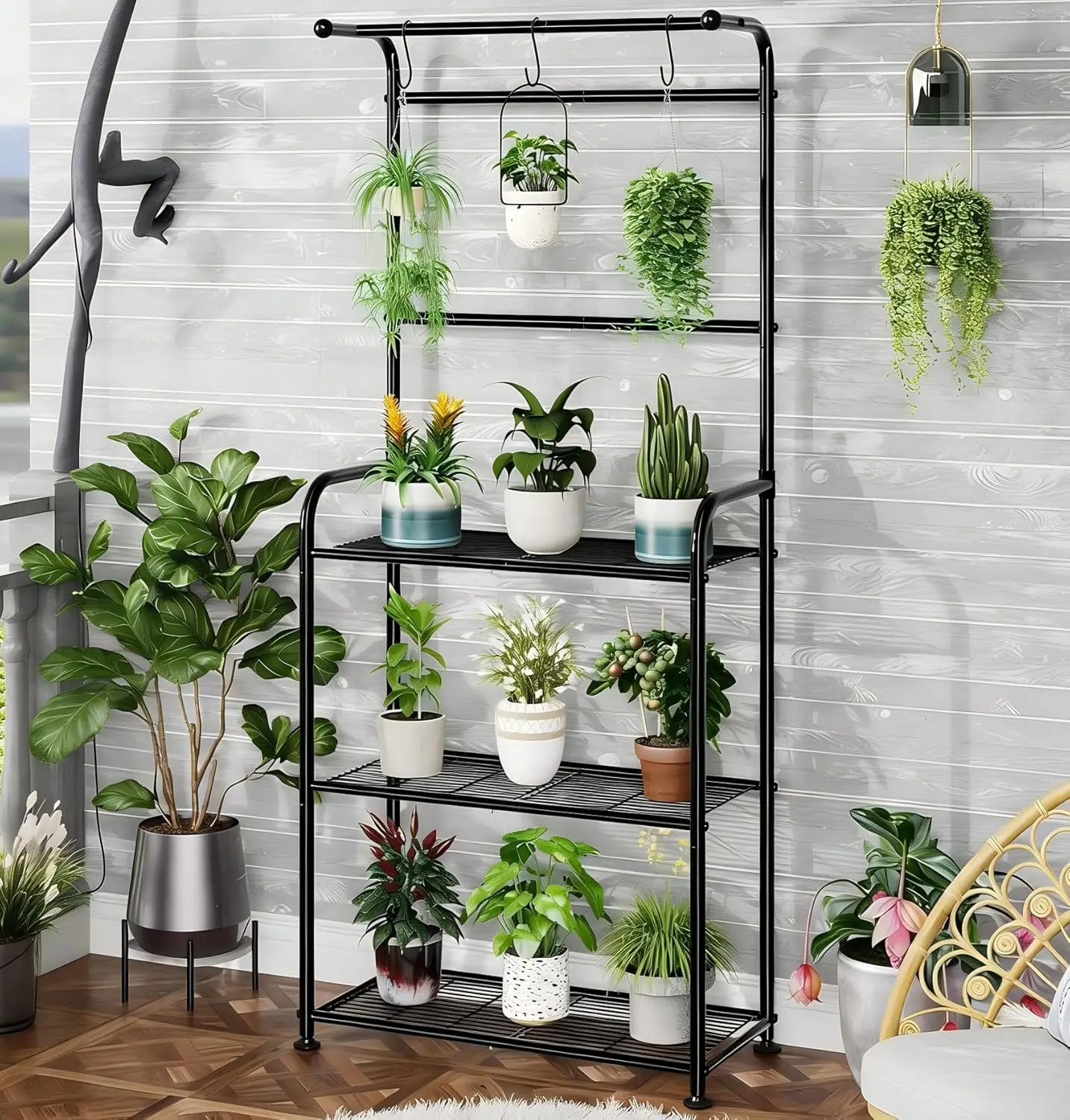 Tall Metal Plant Stand with Hooks for Indoor Outdoor Hanging Planter, Black
