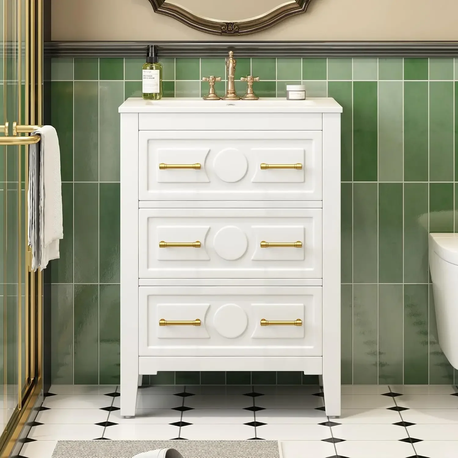 24 Inch Bathroom Vanity with Ceramic Sink, Single Sink Bathroom Storage Cabinet with Tip-Out Drawer & 2 Full-Extension Drawers,