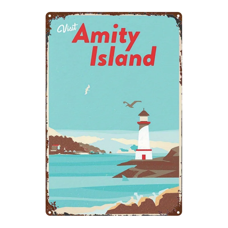 2D Flat, 1pc, Metal Sign, Vintage Style Amity Island Lighthouse Scenery Poster, Featuring a Retro Distressed Look