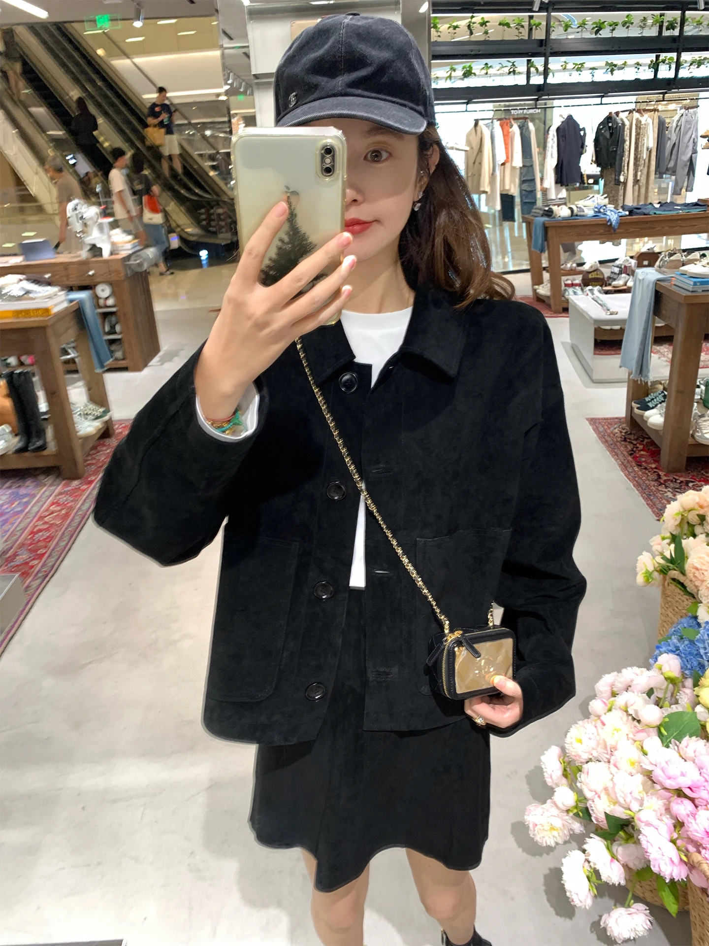 

Soft Mist Matte Faux Leather Vest Skirt Set with Large Patch ket Retro Sle Youth Commute Faion ort Coat Long Sve