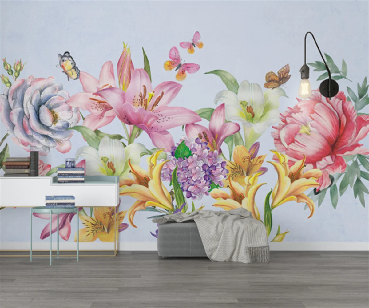 

Customized 3D any size wall painting stickers Nordic minimalist hand-painted flowers blooming rich flowers TV background wall