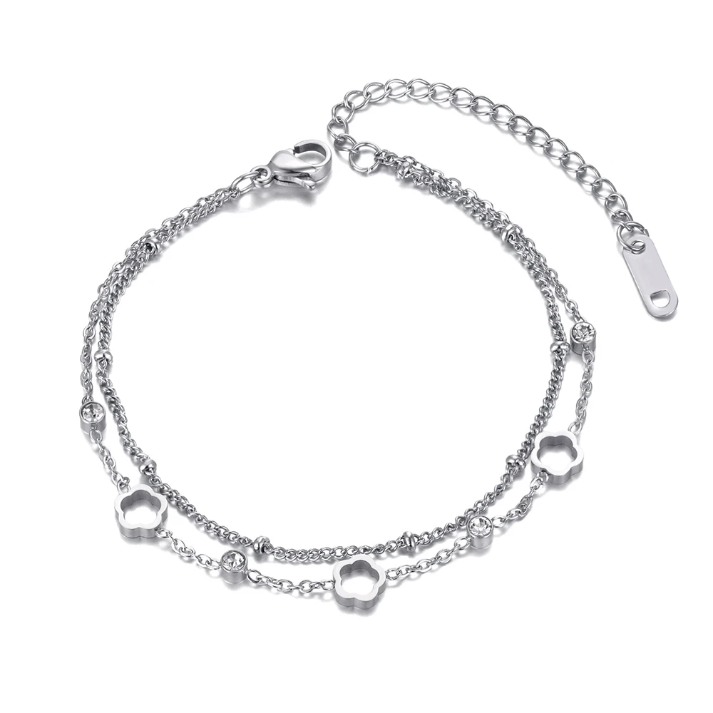 Lokaer Bohemia Dwuwarstwowe bransoletki ze stali nierdzewnej Modna biżuteria CZ Crystal Flower Chain Link dla kobiet Браслет B21025 — zdjęcie 3