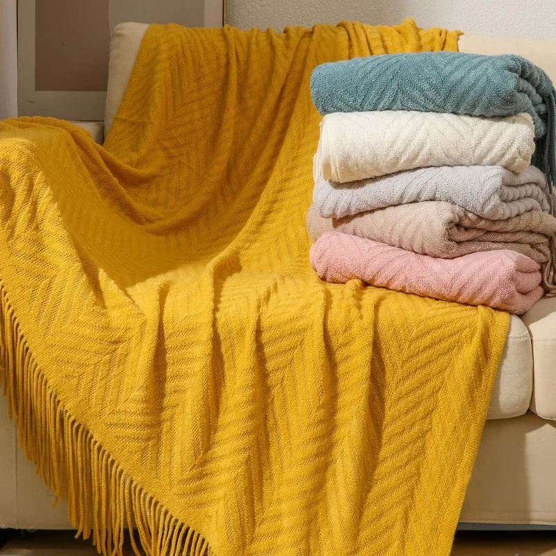 Ins American Vintage Tassel Knitted Throw Blanket Home Decor Sofa Cover Plaid Jacquard Quality Acrylic Warm Comfy Blankets