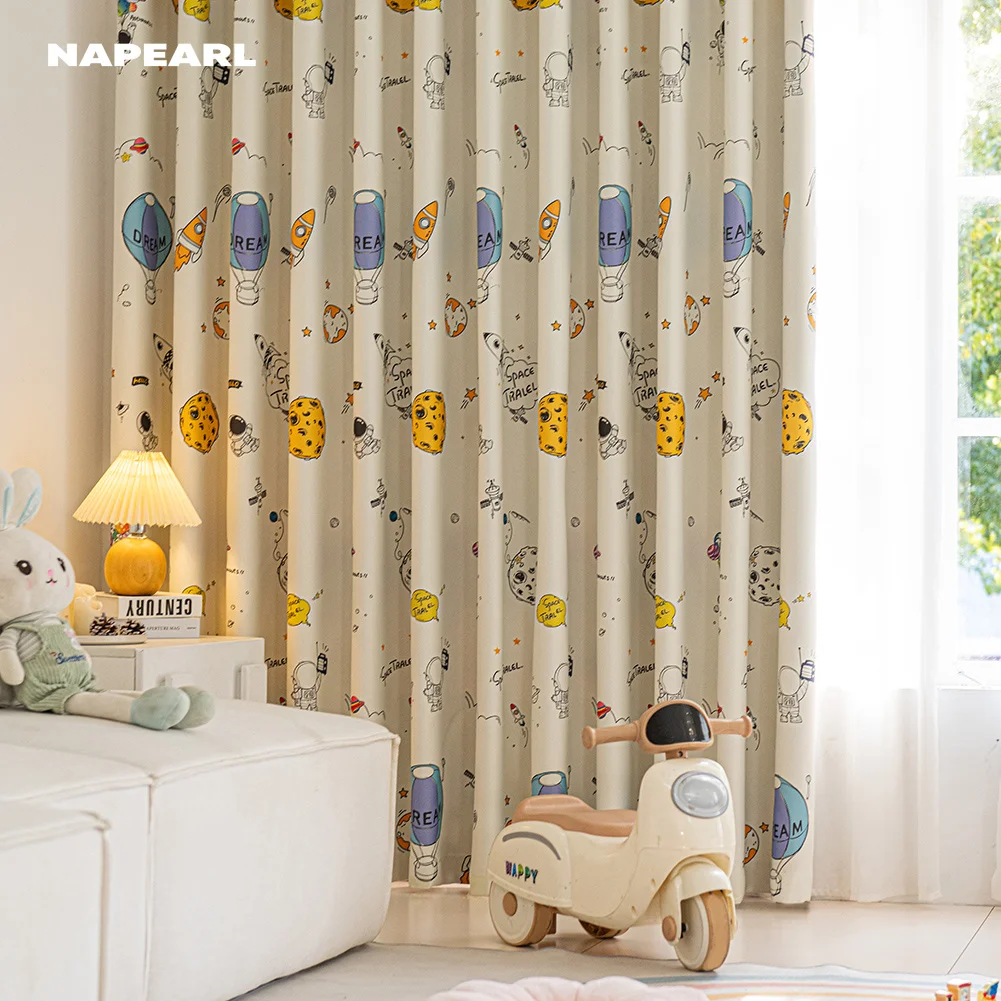Cartoon Space Astronaut Print Curtain for Boys Bedroom Nursery Beige Base Rocket Planet Kids Curtains Light Filtering Drapes