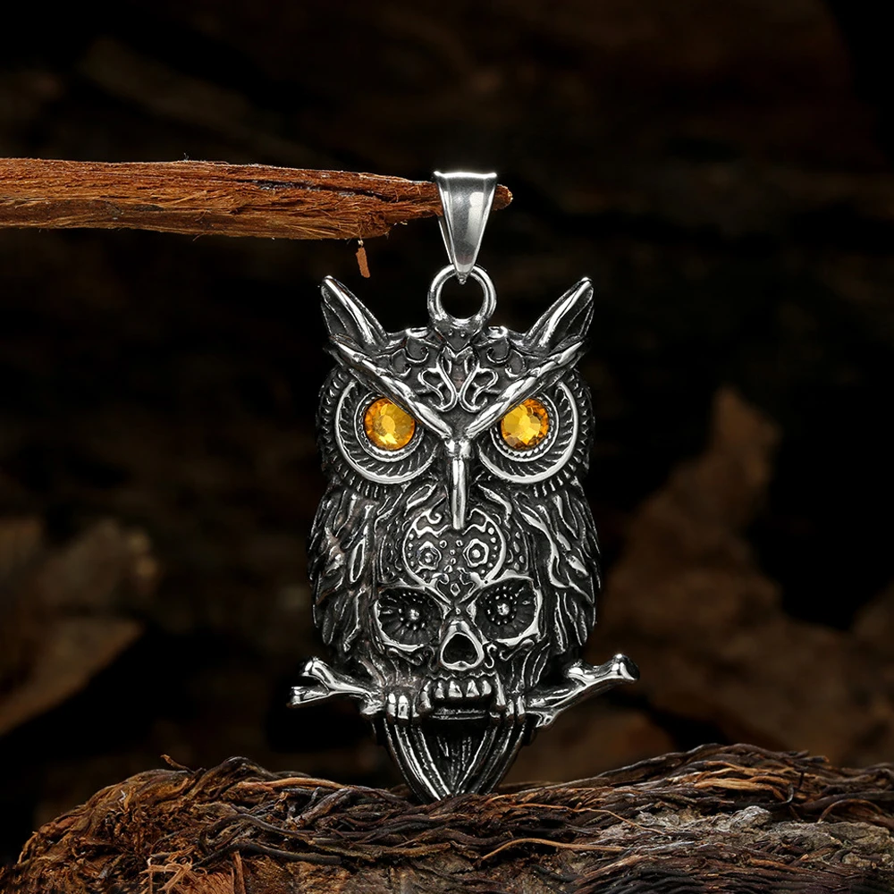 

Gothic Vintage Vikings Owl Skull Pendant Necklace Punk Rock Stainless Steel Biker Necklaces Party Amulet Male Jewelry Wholesale