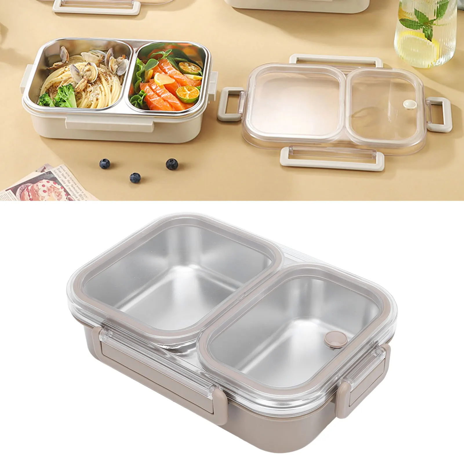Tragbare Lunchbox, 1,2 l, 2 Fächer, Wassereinspritzung, Heizung, spülmaschinenfest, Lunchbehälter aus Edelstahl 304