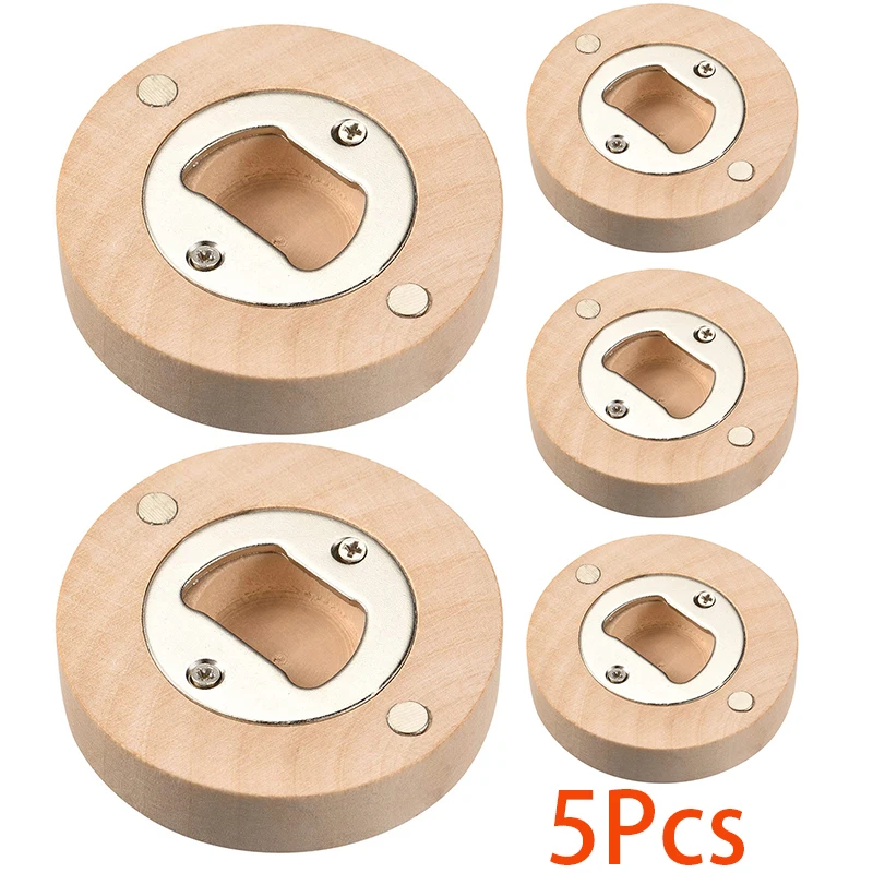 

5Pcs Wooden Beer Bottle Opener Round Wooden Opener with Magnet Wooden Refrigerator Magnet Bottle Opener