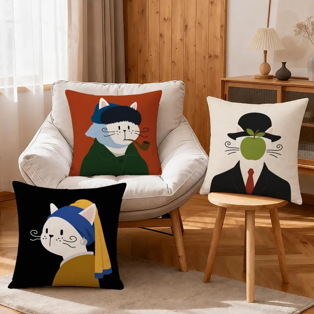 Art Nordic Cat Cushion Cover Linen Anti-Mite Antibacterial Cushion Cover Invisible Zipper Sofa Decor