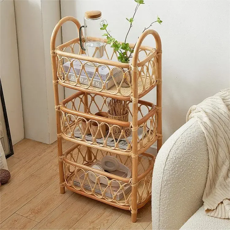 Handmade 3 Tiers Rattan Wall Shelf Storage Rack Bookshelf Home Decor Furniture Living Room Wine Bottle Display Rack